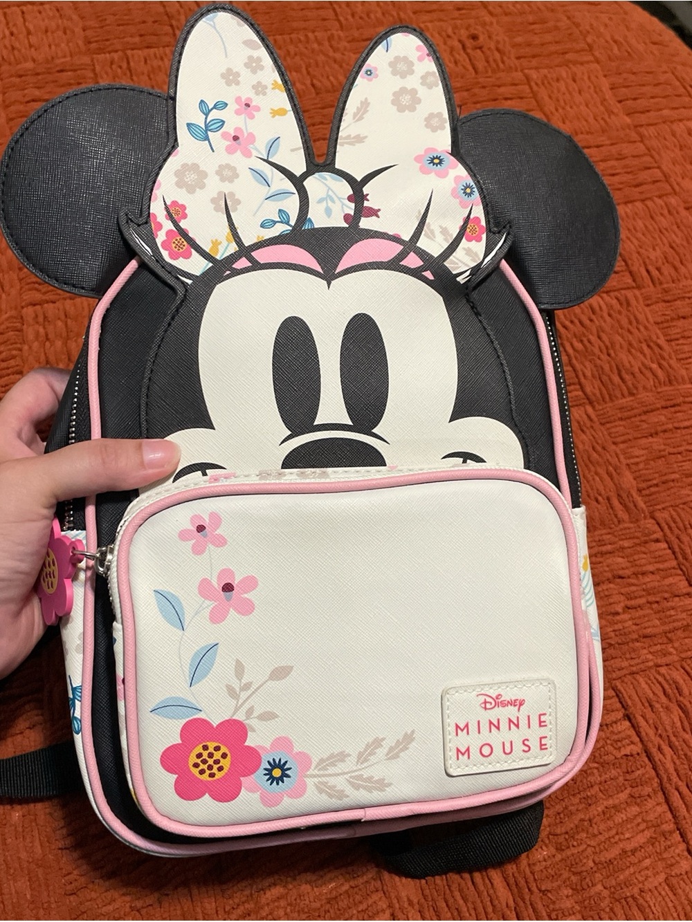 Bioworld Disney Minnie Mouse Floral Ear Kids Backpack - Black, White & Pink
